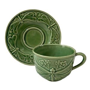 BORDALLO PINHEIRO DRAGONFLY EMBOSSED GREEN CUP & SAUCER PORTUGAL, RARE / RETIRED